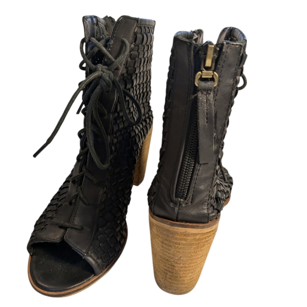 Rebels Black Woven Leather Lace Up Open Toe Bohemian Heels / Booties SZ 8 - Picture 2 of 5